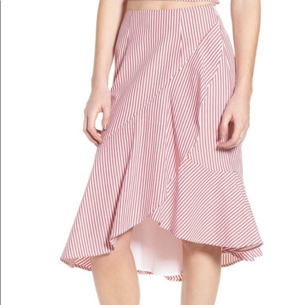 New Wayf Skirt Red Striped Faux Wrap Midi Ruffle Asymmetrical Womens Size Small